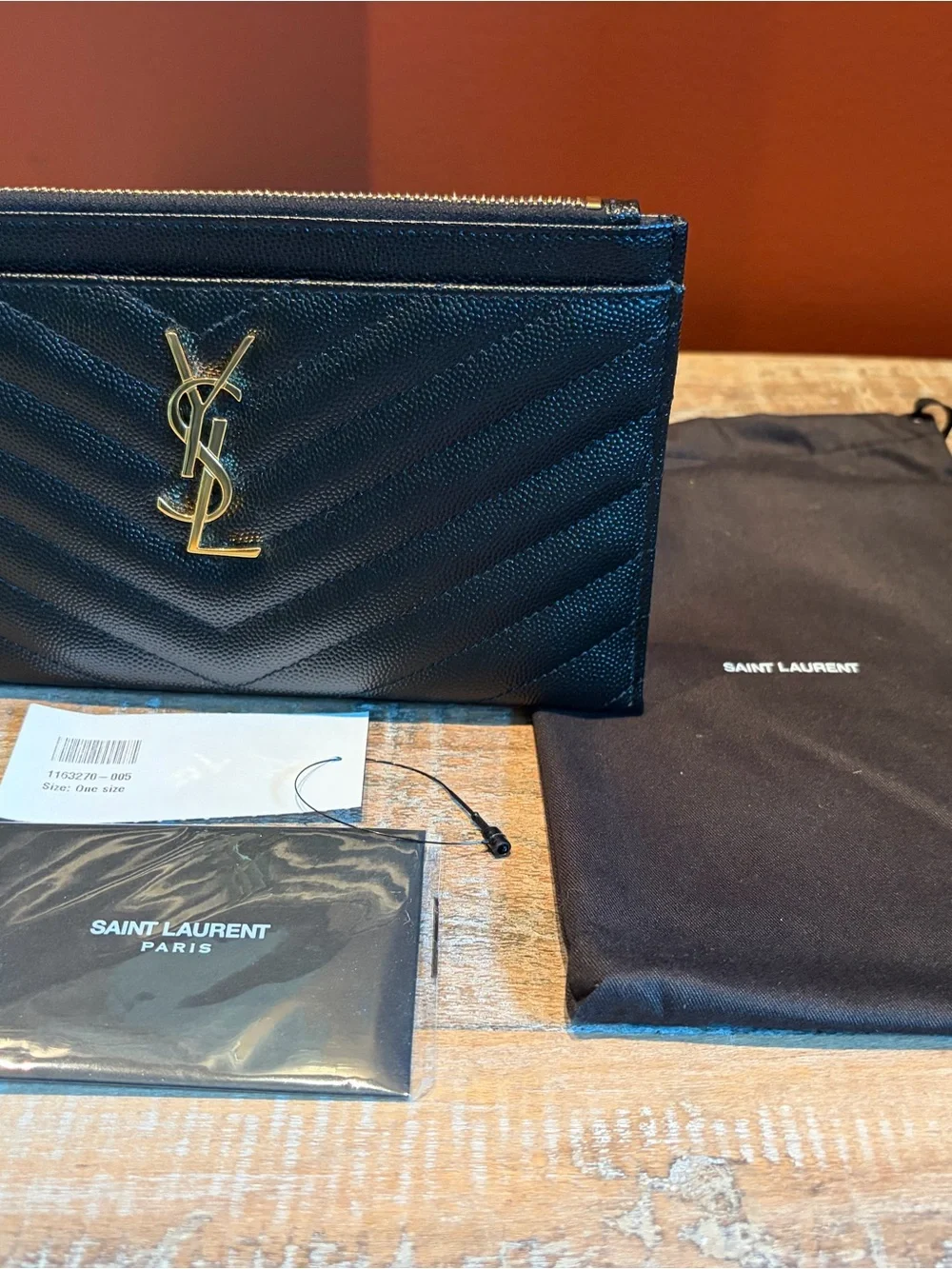 Saint Laurent Black Quilted Leather Zip Card Pouch with Gold YSL Emblem